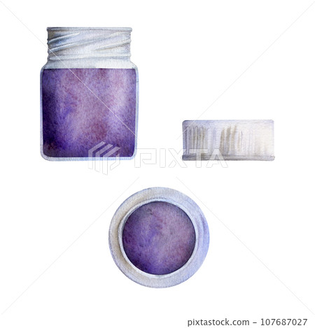 Watercolor hand drawn illustration, kids children paint materials supplies, purple color bottle with cap, opened. Single object isolated on white. For school, kindergarten, party, cards, website, shop 107687027
