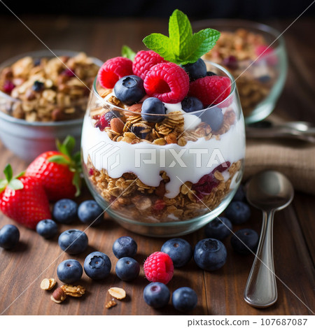 healthy breakfast featuring granola, berries, and yogurt healthy breakfast featuring granola, berries, and yogurt 107687087