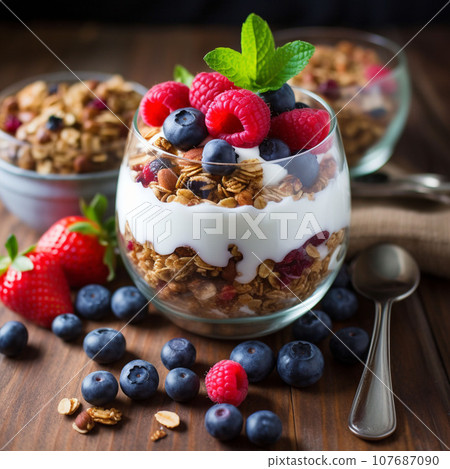 healthy breakfast featuring granola, berries, and yogurt healthy breakfast featuring granola, berries, and yogurt 107687090