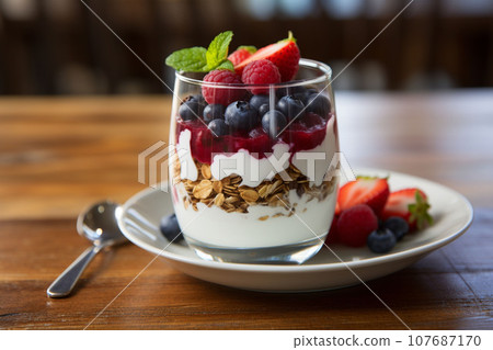 healthy breakfast featuring granola, berries, and yogurt 107687170