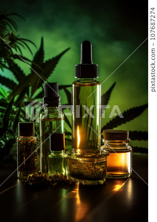Small glass bottlees with hemp oil with a stopper on a natural backdrop Small glass bottlees with hemp oil with a stopper on a natural backdrop 107687274