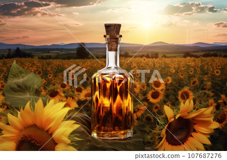 Glass bottle with a cork stopper with sunflower oil. 107687276