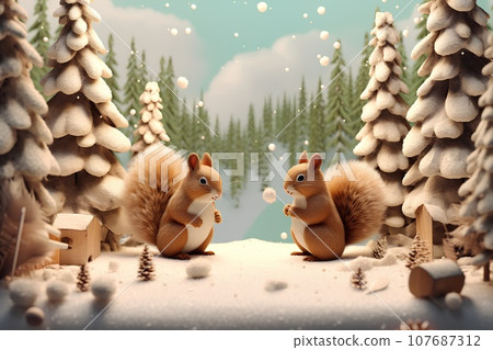Cute squirrel camping (3D) winter 107687312