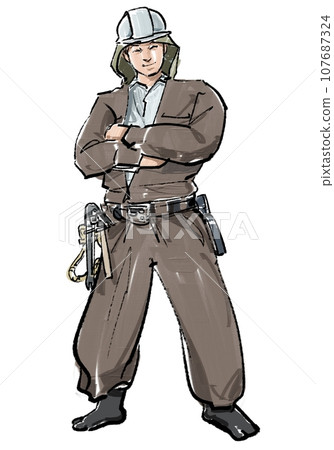 穿著短褲的工人雙臂交叉 穿著短褲的工人雙臂交叉 107687324