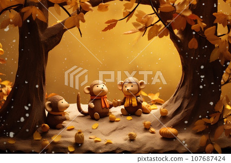 Cute monkey camp (3D) autumn 107687424