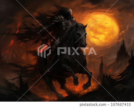 Black horseman of the apocalypse with sword riding black horse AI Black horseman of the apocalypse with sword riding black horse AI 107687433