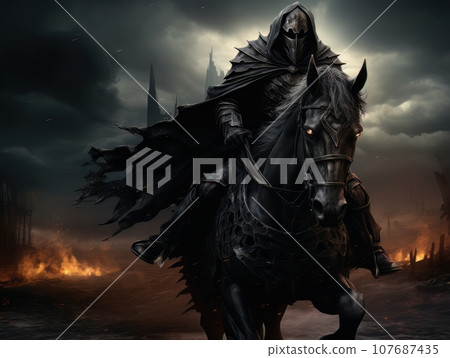 Black horseman of the apocalypse riding black horse AI 107687435