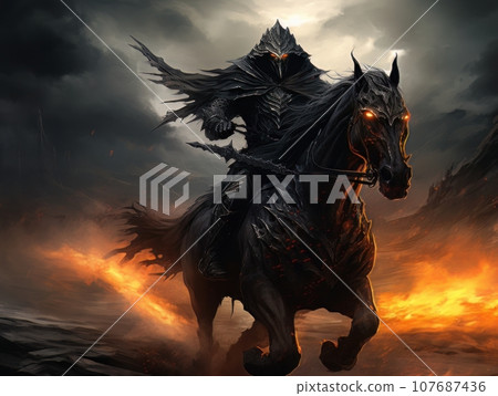Black horseman of the apocalypse riding black horse AI Black horseman of the apocalypse riding black horse AI 107687436