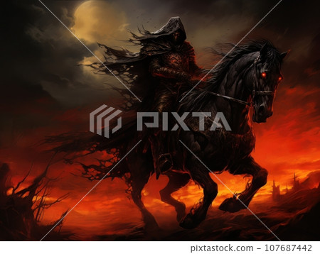 Black horseman of apocalypse riding black horse AI 107687442