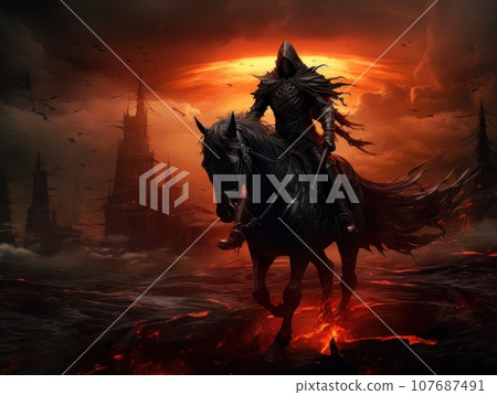 Black horseman of the apocalypse with sword riding black horse AI Black horseman of the apocalypse with sword riding black horse AI 107687491