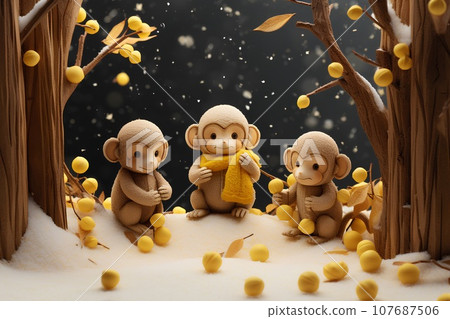 Cute monkey camping (3D) winter 107687506