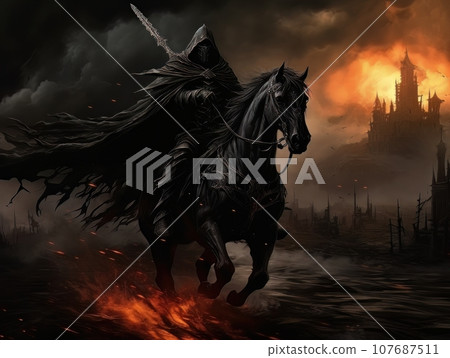 Black horseman of the apocalypse with sword riding black horse AI 107687511
