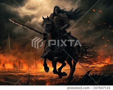 Black horseman of the apocalypse with sword riding black horse AI 107687516