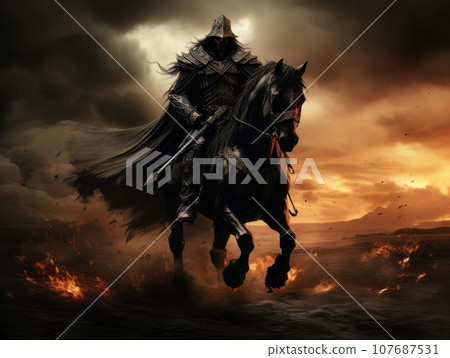 Black horseman of the apocalypse with sword riding black horse AI 107687531