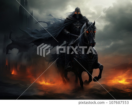 Black horseman of the apocalypse riding black horse AI 107687553
