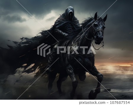 Black horseman of the apocalypse riding black horse AI Black horseman of the apocalypse riding black horse AI 107687554