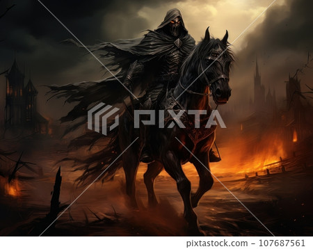 Black horseman of the apocalypse with sword riding black horse AI Black horseman of the apocalypse with sword riding black horse AI 107687561