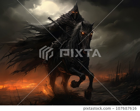 Black horseman of the apocalypse with sword riding black horse AI 107687616