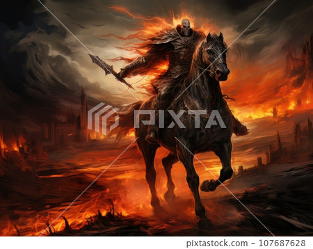 Black horseman of the apocalypse with sword riding black horse AI 107687628