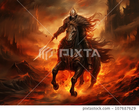 Black horseman of the apocalypse with sword riding black horse AI 107687629