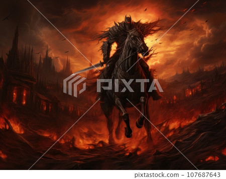 Black horseman of the apocalypse with sword riding black horse AI Black horseman of the apocalypse with sword riding black horse AI 107687643