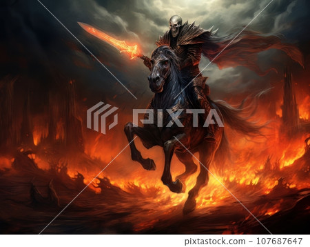 Black horseman of the apocalypse with sword riding black horse AI 107687647