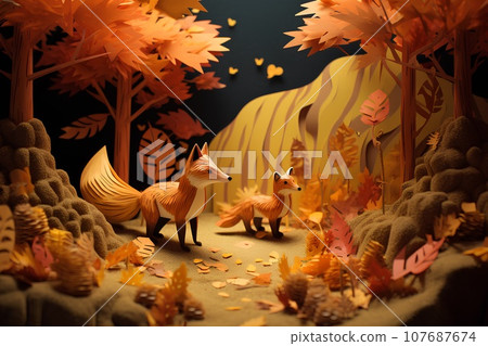 Cute fox camp (3D) autumn 107687674
