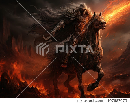 Black horseman of the apocalypse with sword riding black horse AI 107687675
