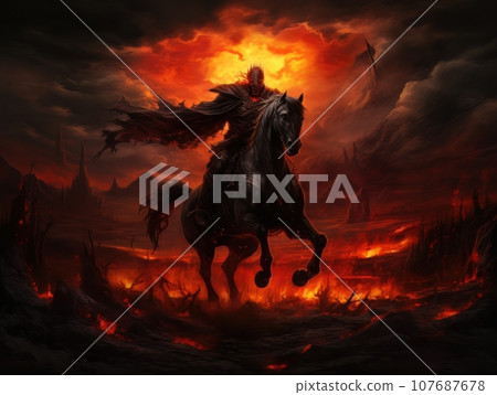Black horseman of the apocalypse with sword riding black horse AI 107687678