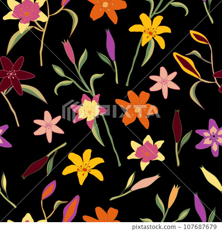 Blooming lily flowers floral seamless pattern. Spring floral background.  107687679