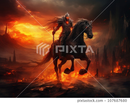 Black horseman of the apocalypse with sword riding black horse AI 107687680