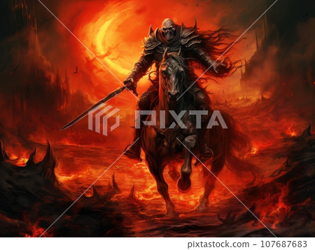 Black horseman of the apocalypse with sword riding black horse AI 107687683