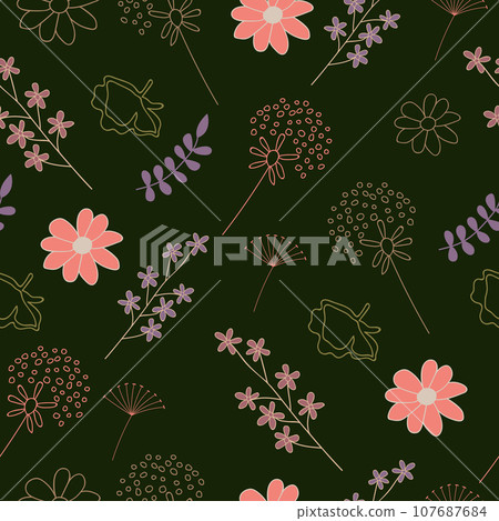 Spring floral doodle seamless pattern with green background. 107687684