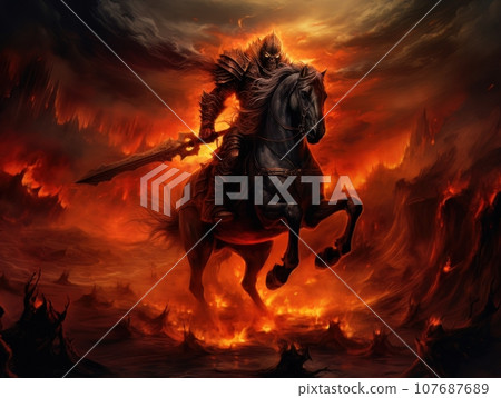 Black horseman of the apocalypse with sword riding black horse AI Black horseman of the apocalypse with sword riding black horse AI 107687689
