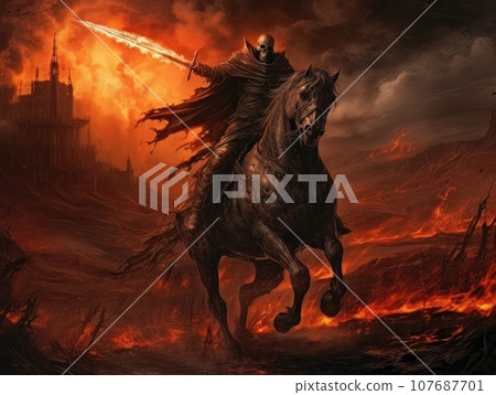 Black horseman of the apocalypse with sword riding black horse AI 107687701