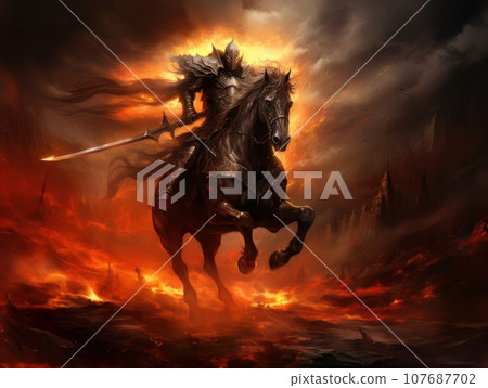 Black horseman of the apocalypse with sword riding black horse AI 107687702