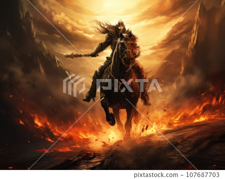 Black horseman of the apocalypse with sword riding black horse AI Black horseman of the apocalypse with sword riding black horse AI 107687703