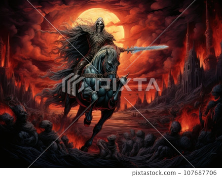 Black horseman of the apocalypse with sword riding black horse AI Black horseman of the apocalypse with sword riding black horse AI 107687706