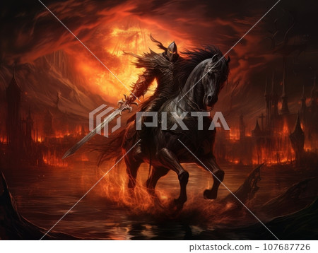 Black horseman of the apocalypse with sword riding black horse AI Black horseman of the apocalypse with sword riding black horse AI 107687726