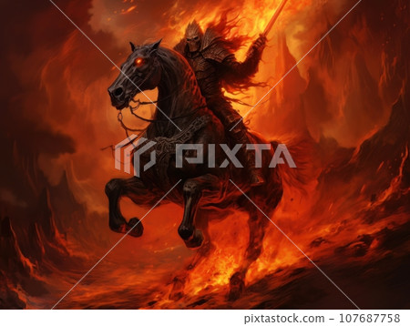Black horseman of the apocalypse with sword riding black horse AI 107687758