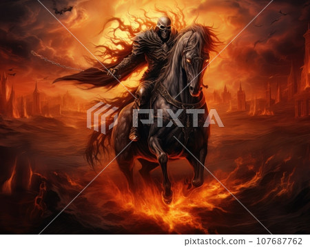 Black horseman of the apocalypse with sword riding black horse AI 107687762