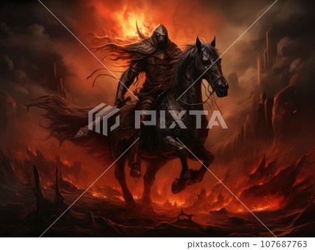 Black horseman of the apocalypse with sword riding black horse AI 107687763