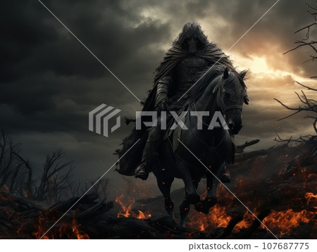 Black horseman of the apocalypse with sword riding black horse AI Black horseman of the apocalypse with sword riding black horse AI 107687775