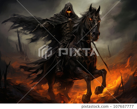 Black horseman of the apocalypse with sword riding black horse AI 107687777