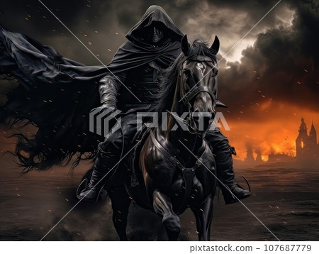 Black horseman of apocalypse riding black horse AI Black horseman of apocalypse riding black horse AI 107687779