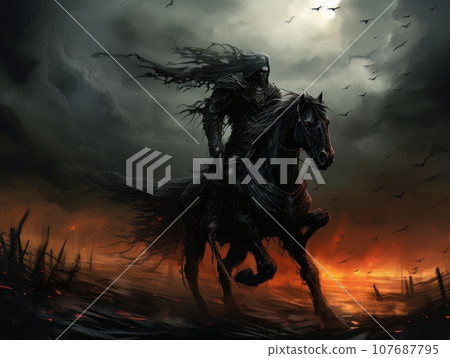 Black horseman of the apocalypse with sword riding black horse AI Black horseman of the apocalypse with sword riding black horse AI 107687795