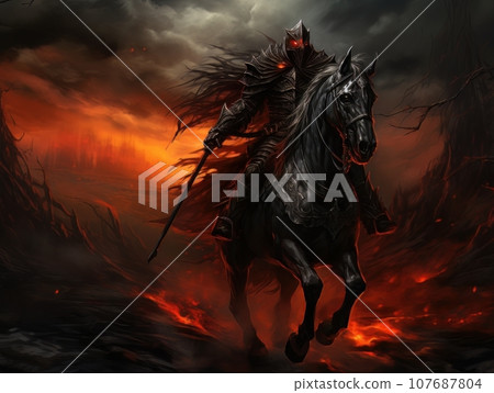 Black horseman of the apocalypse with sword riding black horse AI Black horseman of the apocalypse with sword riding black horse AI 107687804