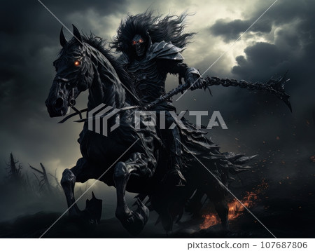 Black horseman of apocalypse riding black horse AI 107687806