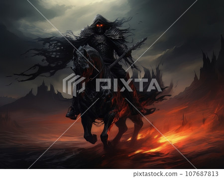 Black horseman of apocalypse riding black horse AI Black horseman of apocalypse riding black horse AI 107687813