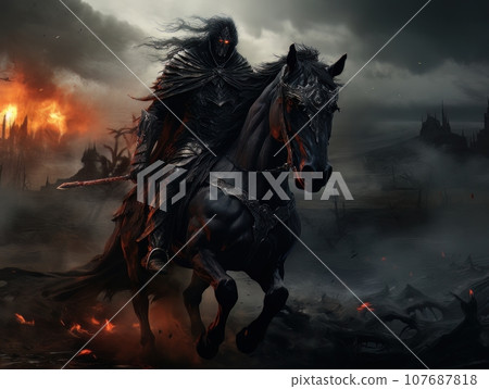 Black horseman of apocalypse riding black horse AI Black horseman of apocalypse riding black horse AI 107687818
